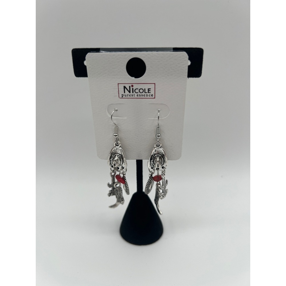 Nicole Purest Essence Western Charm Earrings Silver Tone Cowboy Boot Cactus Hat